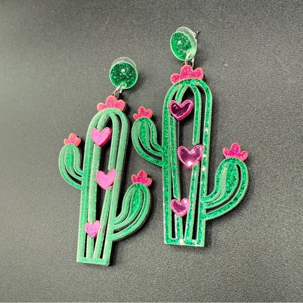 Green and Pink Cactus Earrings - Pierced - Picture 2 of 6
